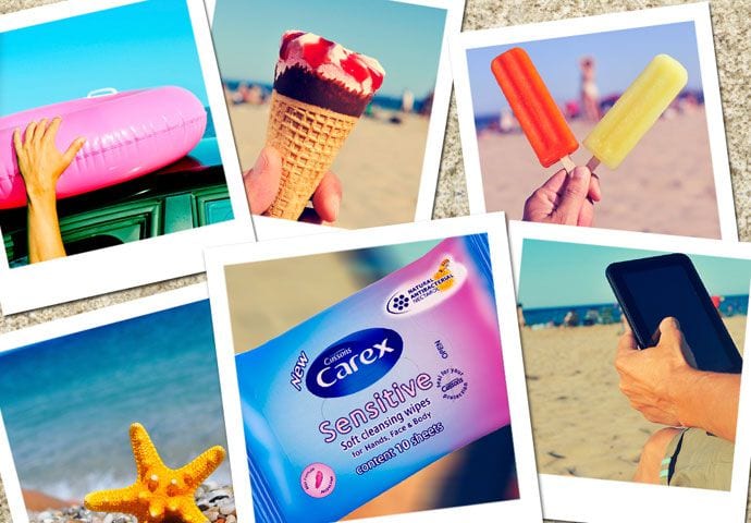 Zawartość plażowej kosmetyczki 29 Chusteczki Carex Sensitive