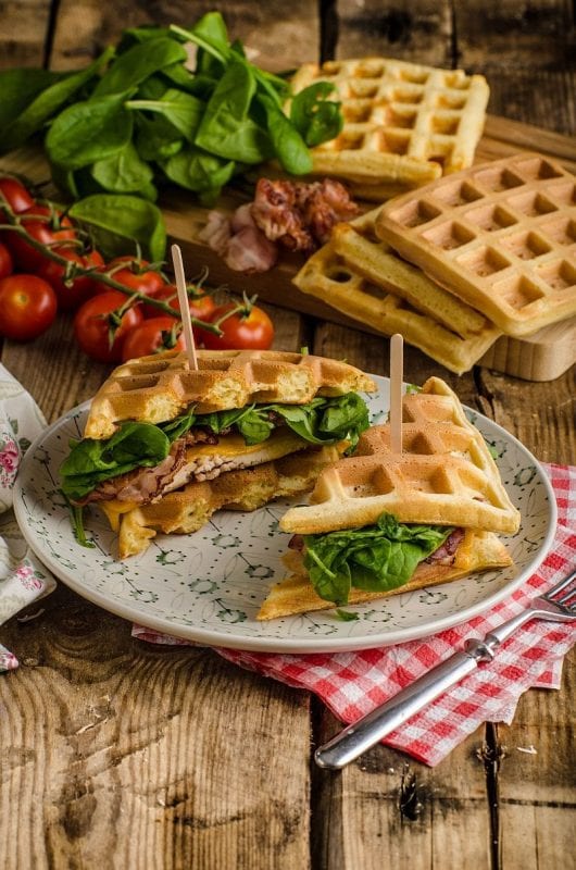 48648332 - waffles sandwich with bacon, chicken and fresh salad